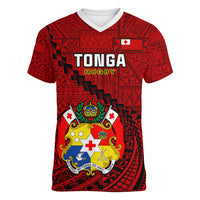 Tonga Rugby Women V Neck T Shirt Tongan Ngatu Pattern Black Version - Wonder Print Shop