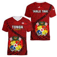 Tonga Rugby Women V Neck T Shirt Tongan Ngatu Pattern Black Version - Wonder Print Shop