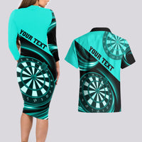 Personalised Darts Couples Matching Long Sleeve Bodycon Dress and Hawaiian Shirt Turquoise Abstract Light - Wonder Print Shop