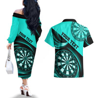 Personalised Darts Couples Matching Off The Shoulder Long Sleeve Dress and Hawaiian Shirt Turquoise Abstract Light - Wonder Print Shop