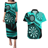 Personalised Darts Couples Matching Puletasi Dress and Hawaiian Shirt Turquoise Abstract Light - Wonder Print Shop