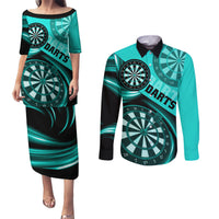 Personalised Darts Couples Matching Puletasi Dress and Long Sleeve Button Shirts Turquoise Abstract Light - Wonder Print Shop