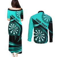 Personalised Darts Couples Matching Puletasi Dress and Long Sleeve Button Shirts Turquoise Abstract Light - Wonder Print Shop
