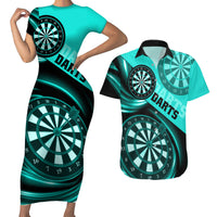 Personalised Darts Couples Matching Short Sleeve Bodycon Dress and Hawaiian Shirt Turquoise Abstract Light - Wonder Print Shop