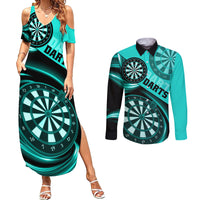 Personalised Darts Couples Matching Summer Maxi Dress and Long Sleeve Button Shirts Turquoise Abstract Light - Wonder Print Shop