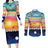 Hawaii Beach Landscape Time-Lapse Couples Matching Long Sleeve Bodycon Dress and Long Sleeve Button Shirt Tropical Plumeria Flowers - Wonder Print Shop