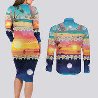 Hawaii Beach Landscape Time-Lapse Couples Matching Long Sleeve Bodycon Dress and Long Sleeve Button Shirt Tropical Plumeria Flowers - Wonder Print Shop