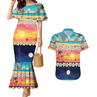 Hawaii Beach Landscape Time-Lapse Couples Matching Mermaid Dress and Hawaiian Shirt Tropical Plumeria Flowers - Wonder Print Shop