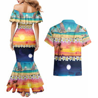 Hawaii Beach Landscape Time-Lapse Couples Matching Mermaid Dress and Hawaiian Shirt Tropical Plumeria Flowers - Wonder Print Shop