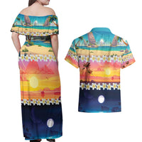 Hawaii Beach Landscape Time-Lapse Couples Matching Off Shoulder Maxi Dress and Hawaiian Shirt Tropical Plumeria Flowers - Wonder Print Shop