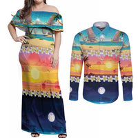 Hawaii Beach Landscape Time-Lapse Couples Matching Off Shoulder Maxi Dress and Long Sleeve Button Shirt Tropical Plumeria Flowers - Wonder Print Shop