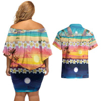 Hawaii Beach Landscape Time-Lapse Couples Matching Off Shoulder Short Dress and Hawaiian Shirt Tropical Plumeria Flowers - Wonder Print Shop