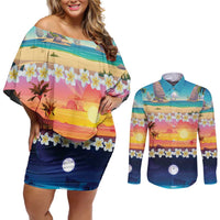 Hawaii Beach Landscape Time-Lapse Couples Matching Off Shoulder Short Dress and Long Sleeve Button Shirt Tropical Plumeria Flowers - Wonder Print Shop