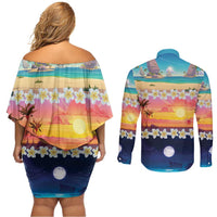 Hawaii Beach Landscape Time-Lapse Couples Matching Off Shoulder Short Dress and Long Sleeve Button Shirt Tropical Plumeria Flowers - Wonder Print Shop