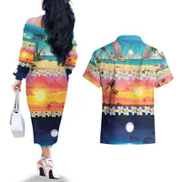 Hawaii Beach Landscape Time-Lapse Couples Matching Off The Shoulder Long Sleeve Dress and Hawaiian Shirt Tropical Plumeria Flowers - Wonder Print Shop