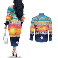 Hawaii Beach Landscape Time-Lapse Couples Matching Off The Shoulder Long Sleeve Dress and Long Sleeve Button Shirt Tropical Plumeria Flowers - Wonder Print Shop