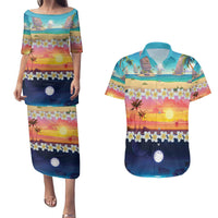 Hawaii Beach Landscape Time-Lapse Couples Matching Puletasi and Hawaiian Shirt Tropical Plumeria Flowers - Wonder Print Shop