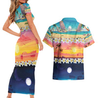 Hawaii Beach Landscape Time-Lapse Couples Matching Short Sleeve Bodycon Dress and Hawaiian Shirt Tropical Plumeria Flowers - Wonder Print Shop
