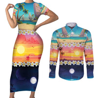 Hawaii Beach Landscape Time-Lapse Couples Matching Short Sleeve Bodycon Dress and Long Sleeve Button Shirt Tropical Plumeria Flowers - Wonder Print Shop