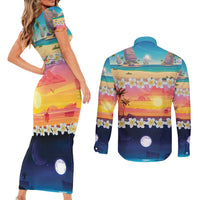 Hawaii Beach Landscape Time-Lapse Couples Matching Short Sleeve Bodycon Dress and Long Sleeve Button Shirt Tropical Plumeria Flowers - Wonder Print Shop