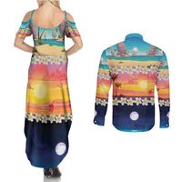 Hawaii Beach Landscape Time-Lapse Couples Matching Summer Maxi Dress and Long Sleeve Button Shirt Tropical Plumeria Flowers - Wonder Print Shop