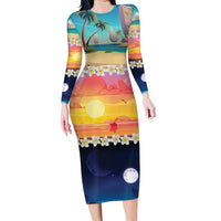 Hawaii Beach Landscape Time-Lapse Family Matching Long Sleeve Bodycon Dress and Hawaiian Shirt Tropical Plumeria Flowers - Wonder Print Shop
