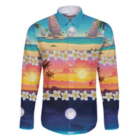 Hawaii Beach Landscape Time-Lapse Family Matching Off The Shoulder Long Sleeve Dress and Hawaiian Shirt Tropical Plumeria Flowers - Wonder Print Shop