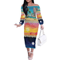 Hawaii Beach Landscape Time-Lapse Family Matching Off The Shoulder Long Sleeve Dress and Hawaiian Shirt Tropical Plumeria Flowers - Wonder Print Shop