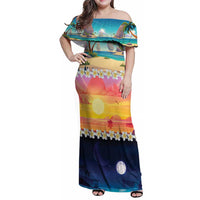 Hawaii Beach Landscape Time-Lapse Family Matching Off Shoulder Maxi Dress and Hawaiian Shirt Tropical Plumeria Flowers - Wonder Print Shop