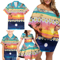 Hawaii Beach Landscape Time-Lapse Family Matching Off Shoulder Short Dress and Hawaiian Shirt Tropical Plumeria Flowers - Wonder Print Shop