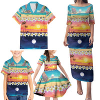 Hawaii Beach Landscape Time-Lapse Family Matching Puletasi and Hawaiian Shirt Tropical Plumeria Flowers - Wonder Print Shop