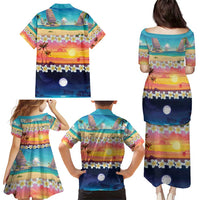 Hawaii Beach Landscape Time-Lapse Family Matching Puletasi and Hawaiian Shirt Tropical Plumeria Flowers - Wonder Print Shop