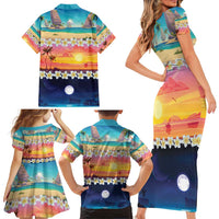 Hawaii Beach Landscape Time-Lapse Family Matching Short Sleeve Bodycon Dress and Hawaiian Shirt Tropical Plumeria Flowers - Wonder Print Shop