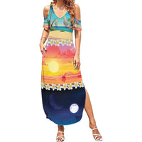 Hawaii Beach Landscape Time-Lapse Family Matching Summer Maxi Dress and Hawaiian Shirt Tropical Plumeria Flowers - Wonder Print Shop