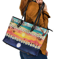 Hawaii Beach Landscape Time-Lapse Leather Tote Bag Tropical Plumeria Flowers - Wonder Print Shop