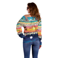 Hawaii Beach Landscape Time-Lapse Off Shoulder Sweater Tropical Plumeria Flowers - Wonder Print Shop