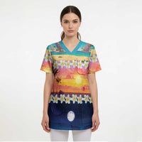 Hawaii Beach Landscape Time-Lapse Scrub Top Tropical Plumeria Flowers - Wonder Print Shop