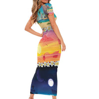 Hawaii Beach Landscape Time-Lapse Short Sleeve Bodycon Dress Tropical Plumeria Flowers - Wonder Print Shop