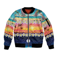 Hawaii Beach Landscape Time-Lapse Sleeve Zip Bomber Jacket Tropical Plumeria Flowers - Wonder Print Shop