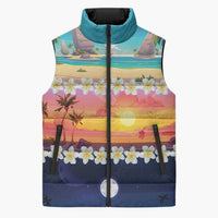 Hawaii Beach Landscape Time-Lapse Sleeveless Puffer Jacket Tropical Plumeria Flowers - Wonder Print Shop