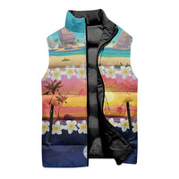 Hawaii Beach Landscape Time-Lapse Sleeveless Puffer Jacket Tropical Plumeria Flowers - Wonder Print Shop