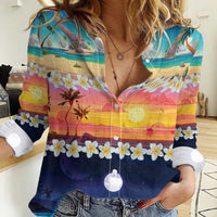 Hawaii Beach Landscape Time-Lapse Women Casual Shirt Tropical Plumeria Flowers - Wonder Print Shop