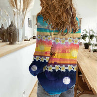 Hawaii Beach Landscape Time-Lapse Women Casual Shirt Tropical Plumeria Flowers - Wonder Print Shop