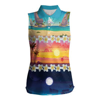 Hawaii Beach Landscape Time-Lapse Women Sleeveless Polo Shirt Tropical Plumeria Flowers - Wonder Print Shop