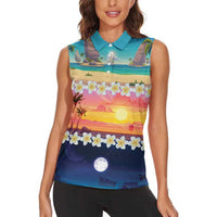 Hawaii Beach Landscape Time-Lapse Women Sleeveless Polo Shirt Tropical Plumeria Flowers - Wonder Print Shop