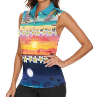 Hawaii Beach Landscape Time-Lapse Women Sleeveless Polo Shirt Tropical Plumeria Flowers - Wonder Print Shop