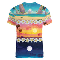 Hawaii Beach Landscape Time-Lapse Women V-Neck T-Shirt Tropical Plumeria Flowers - Wonder Print Shop