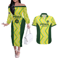 Australia Socceroos 2025 Couples Matching Off The Shoulder Long Sleeve Dress and Hawaiian Shirt Forever Golden - Wonder Print Shop