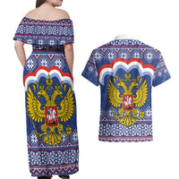 Russia Christmas Couples Matching Off Shoulder Maxi Dress and Hawaiian Shirt Santa Matryoshka Doll - Wonder Print Shop