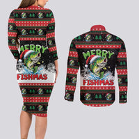Fishing Christmas Merry Fishmas Couples Matching Long Sleeve Bodycon Dress and Long Sleeve Button Shirt We Wish You A Merry Fishmas - Wonder Print Shop